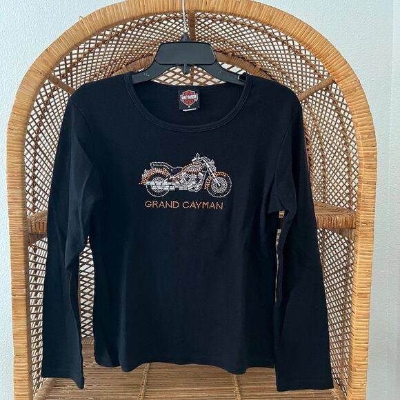Harley Davidson Black Embellished Rhinestone Long Sleeved Tee Grand Cayman - Picture 1 of 6